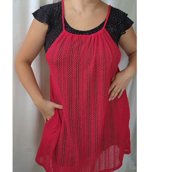 C&C California Cover-Up crochet Mini Dress Swimwear Size M NWT red pockets sheer - Picture 3 of 12
